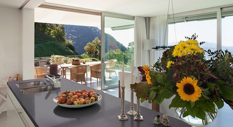 Interior of a modern villa, counter top of the kitchen